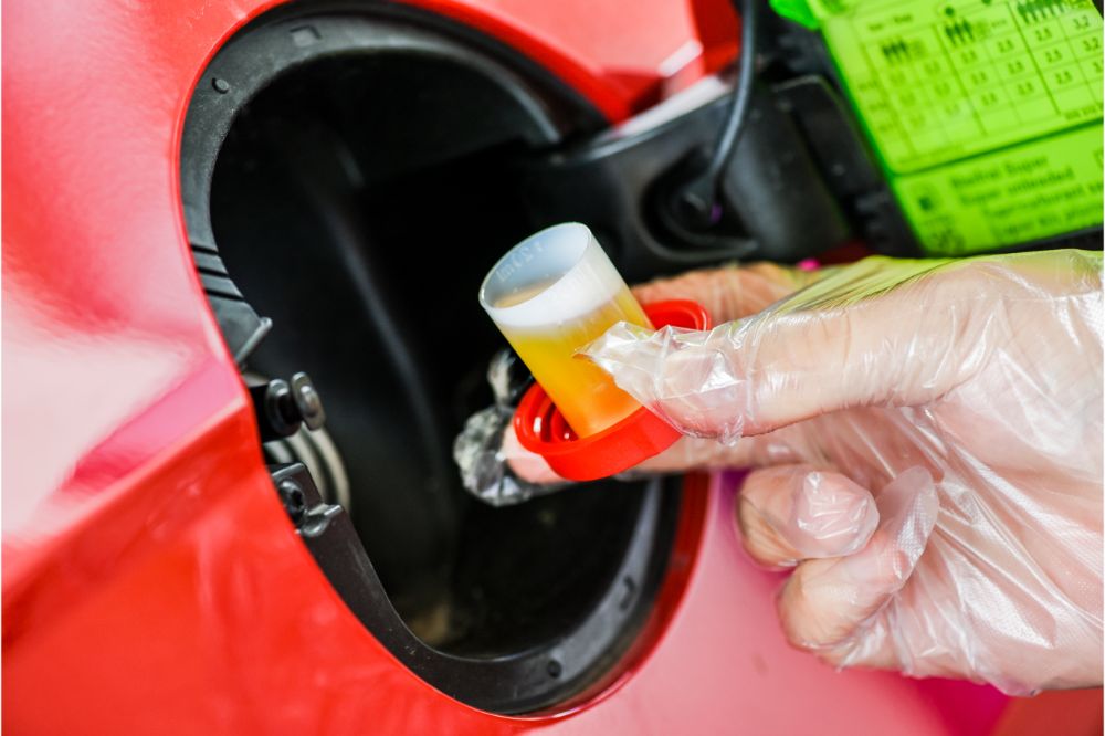 Pour additive liquid into car tank.